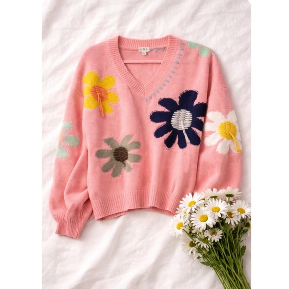 POL Women's Coral Pink Floral Embroidered Crochet V Neck Sweater Large Reto